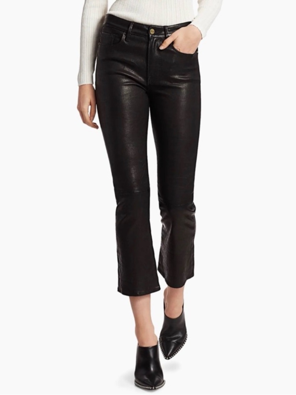 FRAME le crop mini boot pants 31 washed black 100% lamb leather ankle crop